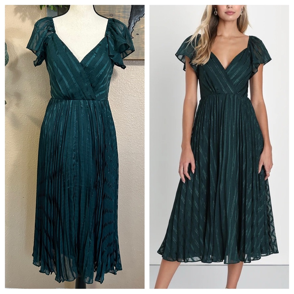 NWOT Lulus Standout Sophistication Emerald Lurex Flutter Sleeve Midi Dress small